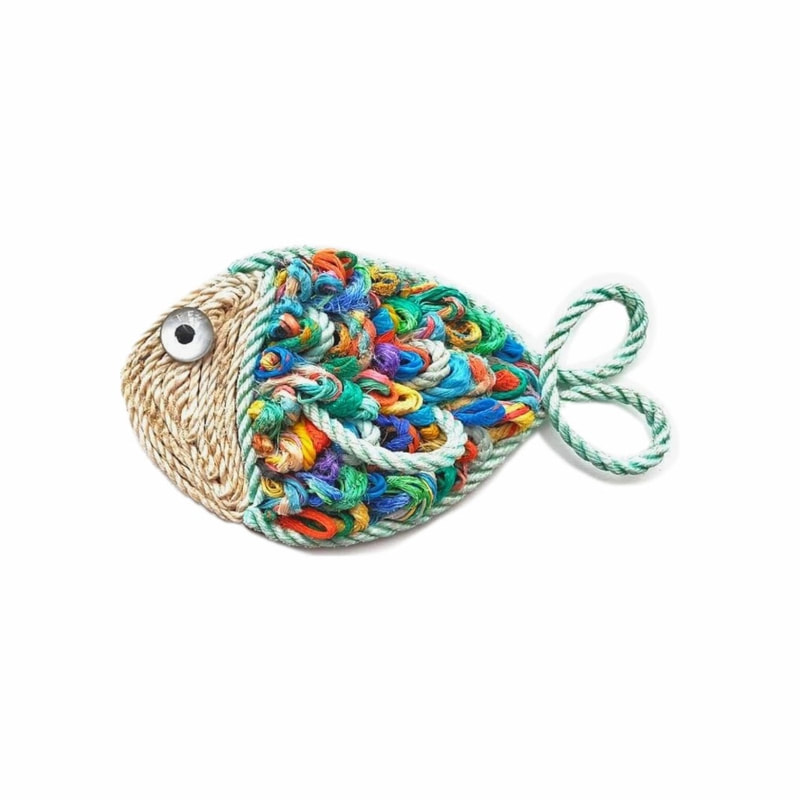 Recycled rainbow fish made from discarded fishing nets and rope found on Dorset's shores by Driftwood Fish